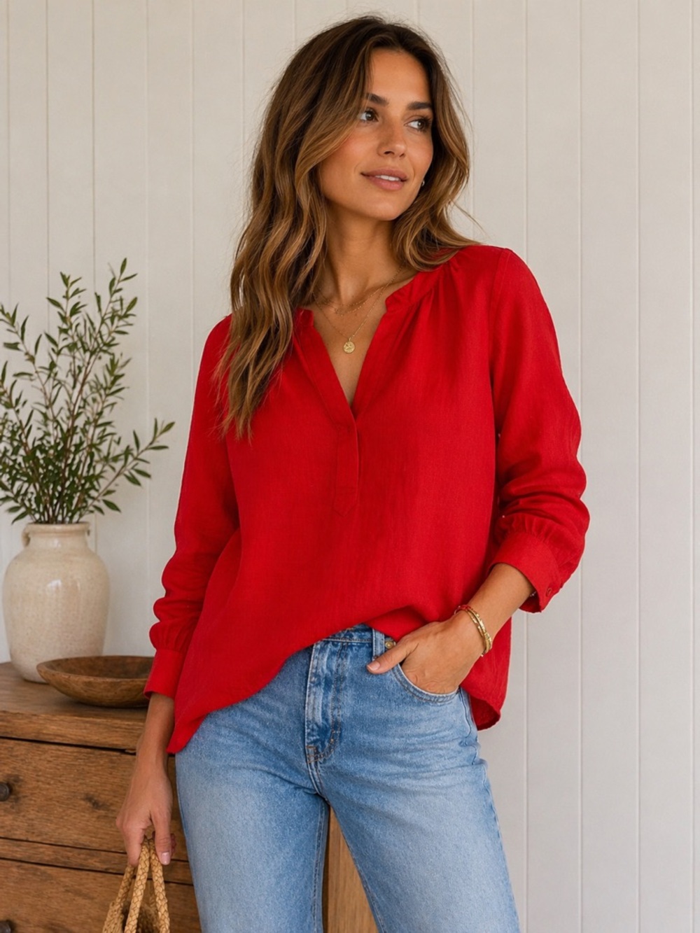 J. Crew Bright linen Split-Neck Peasant Popover Blouse XL Relaxed Top - Picture 11 of 11